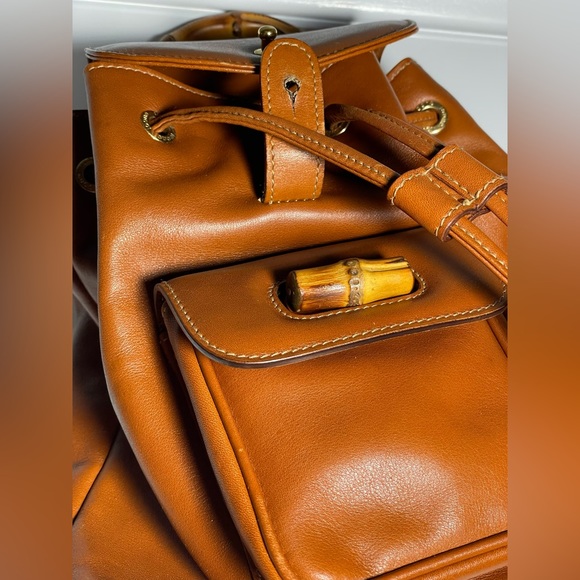 Gucci 90’s Caramel Brown Leather Drawstring Backpack with Bamboo top Handle - Picture 6 of 16